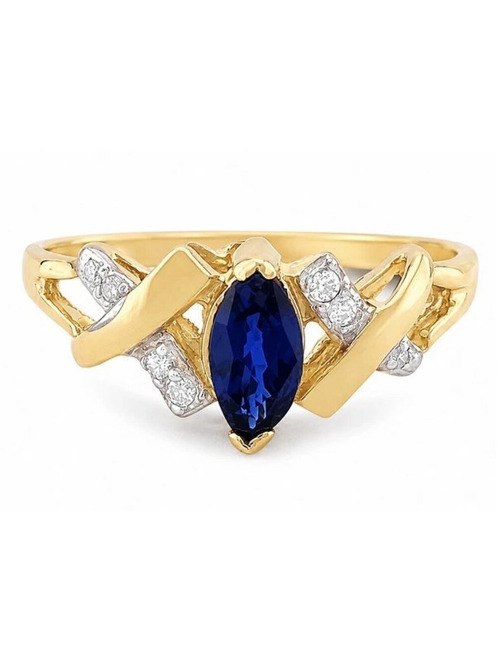 Genuine 0.44 Cts Blue Sapphire & Diamonds 14k Yellow Gold Ring